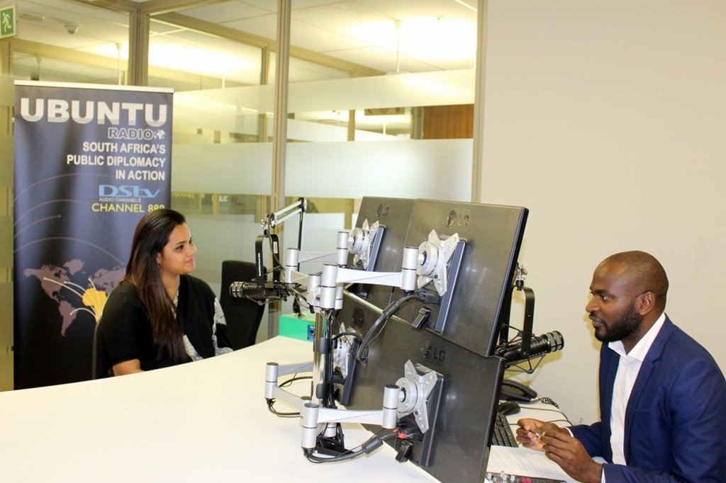 UN Youth Envoy Jayathma Wickramanayake (left) at a radio station in Johannesburg in February 2018. 