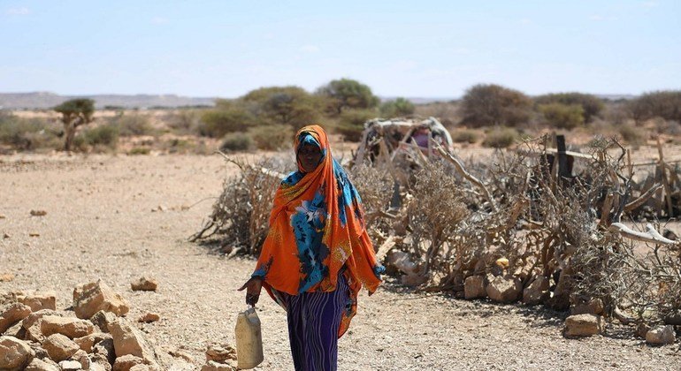 Una mujer camina por Salaxley, una de las aldeas de Somalia afectadas por la sequía.