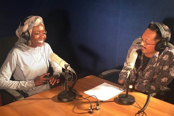 Eimtithal Ibrahim Mahmoud being interviewed by Setyo Budi, in UN Assistance Mission in Darfur (UNAMID) radio studio.