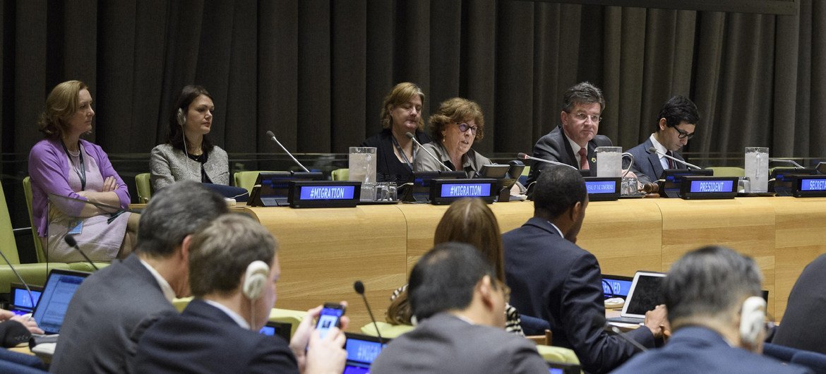 Louise Arbour, Special Representative for the Secretary-General on Migration (centre) and Miroslav Lajčák, President of the General Assembly (centre right) address the fourth informal interactive multi-stakeholder hearing of the Intergovernmental Conferen