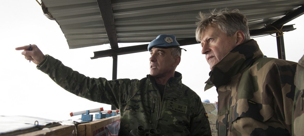 UNIFIL Sector East Commander, General Romero, briefs the head of UN Peacekeeping, Jean-Pierre Lacroix, along the Blue Line in south Lebanon.