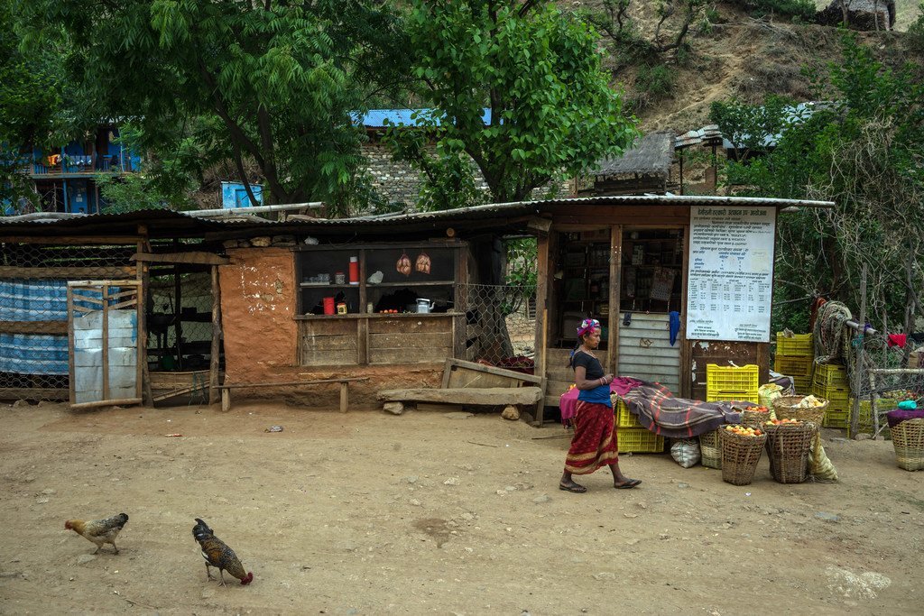 A woman at a shop selling vegetables and produce grown by local farmers in a rural village in Surkhet district, Nepal.