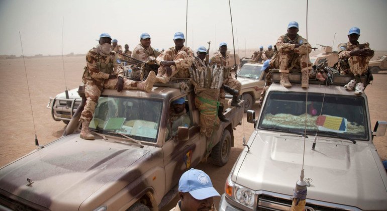 Chadian UN peacekeepers patrol the area outside the Chadian Base where the military delegation from Bamako is meeting with Commander of Chadian UN peacekeepers Gen. Moussa in Tessalit, North of Mali.