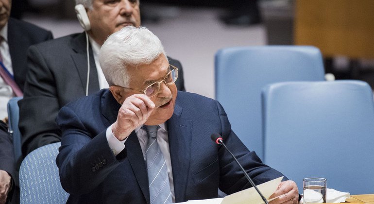 Le Président de l'Etat de Palestine, Mahmoud Abbas, devant le Conseil de sécurité le 20 février 2018.