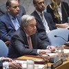  Le Secrétaire général de l'ONU, António Guterres, prenant la parole devant le Conseil de sécurité sur la situation au Moyen-Orient, le 20 février 2018.