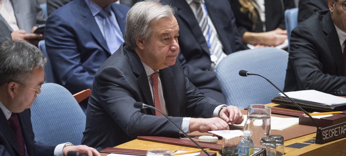 联合国秘书长古特雷斯在安理会发表讲话。