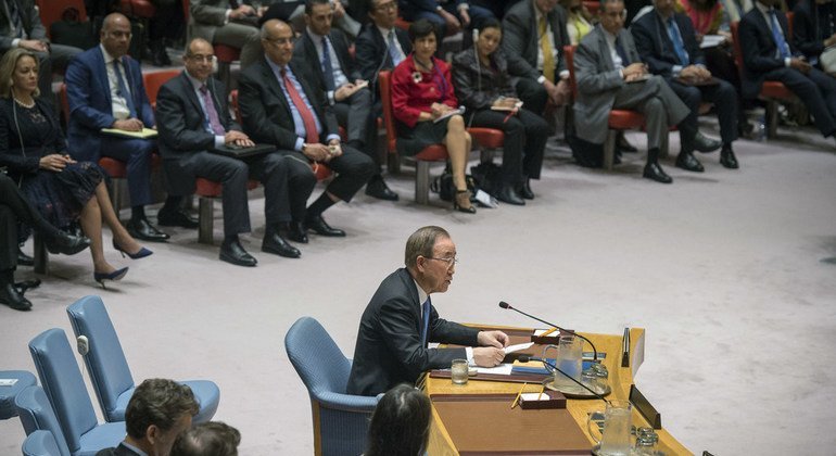 L'ancien Secrétaire général de l'ONU, Ban Ki-moon, devant le Conseil de sécurité en février 2018.