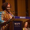 Bi. Violet Kibute akizungumza kwenye jukwaa wakati wa Kongamano la Miji Duniani jijini New York.