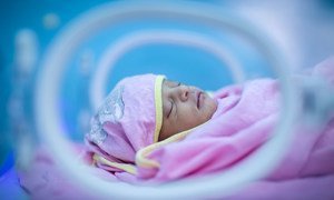 A pre-term baby is kept warm in an incubator at the UNICEF-supported Neonatal Intensive Care Unit (NICU) at Assosa General Hospital, in the remote Benishangul-Gumuz region of Ethiopia, in January 2018.