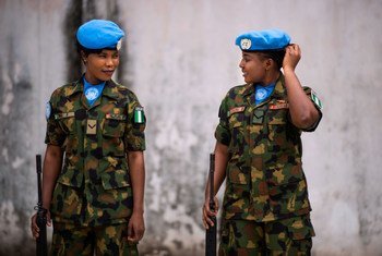 Two Nigerian female soldiers posted in the Liberian capital, Monrovia.