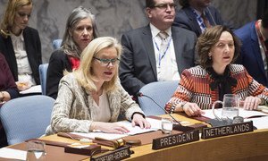 La Ministre des affaires étrangères des Pays-Bas, Sigrid Kaag, dont le pays préside le Conseil de sécurité en mars, lors d'une séance du Conseil sur l'Afghanistan.