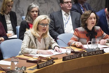 La Ministre des affaires étrangères des Pays-Bas, Sigrid Kaag, dont le pays préside le Conseil de sécurité en mars, lors d'une séance du Conseil sur l'Afghanistan.