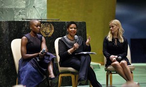 Actor and activist Danai Gurira (left); Phumzile Mlambo-Ngcuka, Executive Director of UN Women; and actor and activist Reese Witherspoon (right) take part in the celebration of International Women's Day at the UN Headquarters.