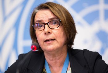 Catherine Marchi-Uhel, Chef du Mécanisme international, impartial et indépendant chargé d’enquêter sur les violations les plus graves en Syrie, à une conférence de presse au Palais à Genève (5 septembre 2017)