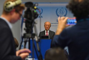 Yukiya Amano, Director General of the International Atomic Energy Agency (IAEA), briefs members of the media in Vienna.