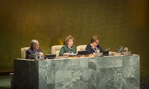 Secretary-General António Guterres (left) and Geraldine Byrne Nason, Permanent Representative of Ireland to the UN and Chair of the sixty-second session of the Commission on the Status of Women (CSW), at the opening of the session.