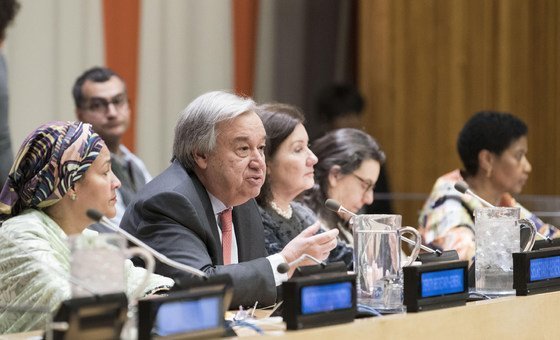 Secretary-General António Guterres (centre) holds townhall meeting in connection with the sixty-second session of the Commission on the Status of Women.