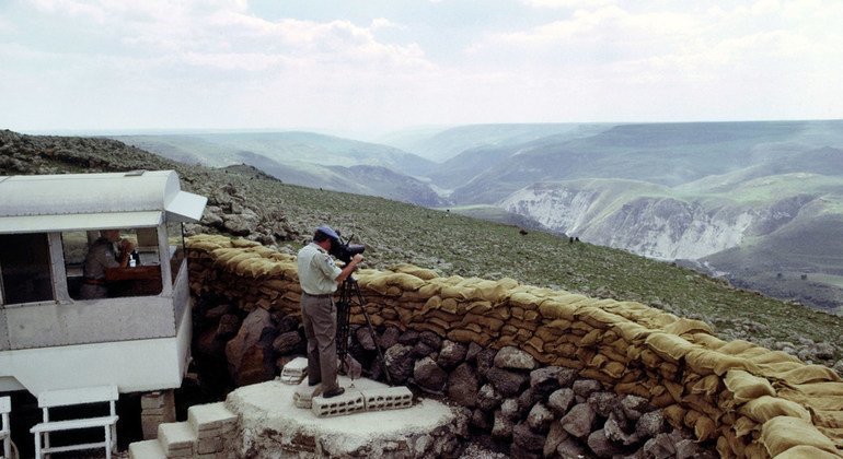 Major Arnold Wouters of the Netherlands observing at Observation Post ROMEO, in the Golan Heights, Syria (26 April 1973).