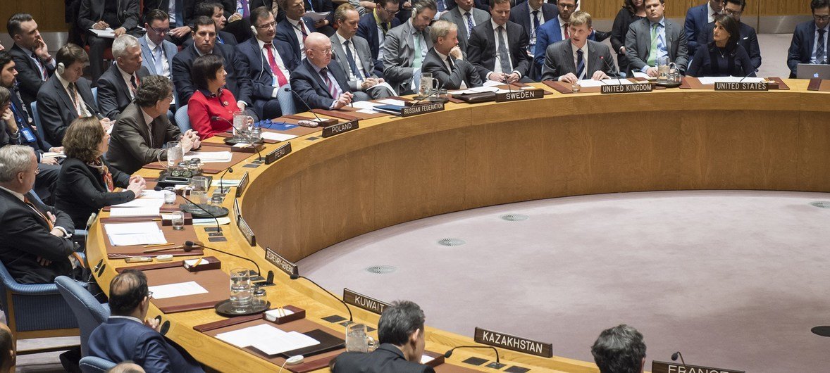 Wide view as Jonathan Guy Allen, Deputy Permanent Representative of the United Kingdom to the UN, addresses the Security Council meeting considering the letter dated 13 March 2018 from the UK to the Council regarding the 4 March chemical attack in Salisbu