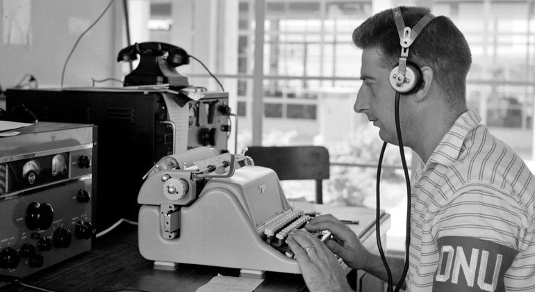 A Radio Communications Officer, W. Mayer of the Netherlands, at work at the airport in Elisabethville, in the Katanga province of what was then the Republic of the Congo (and is today the Democratic Republic of the Congo) (17 August 1960).