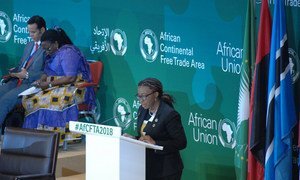 Vera Songwe, Secrétaire exécutive de la Commission économique des Nations Unies pour l’Afrique (CEA) lors de la 18ème session extraordinaire du Conseil exécutif de l'Union africaine,