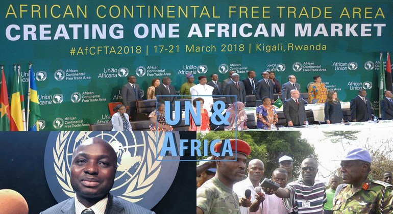 Collage of photos of the African Continental Free Trade Area (AfCFTA) at the African Union summit in Kigali, 21 March 2018 (top), Gilbert Nantsa (l) and Lieutenant-General Daniel Ishmael Opande (r).