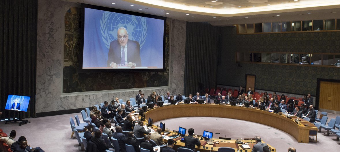 Ghassan Salamé (on screen), Special Representative and Head of the United Nations Support Mission in Libya (UNSMIL) addresses the Security Council.