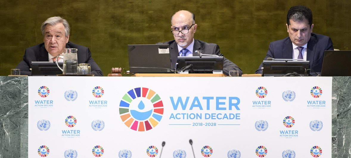 Secretary-General António Guterres (left) makes remarks during the high-level event to launch the International Decade for Action, “Water for Sustainable Development 2018–2028”.