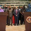 联合国副秘书长阿米娜·默罕默德和利比里亚总统韦阿在利比里亚外交部召开记者会。