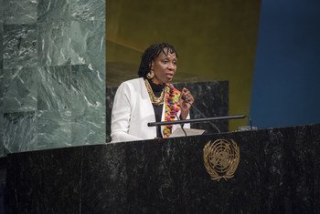 Graciela Dixon durante su participación en la Asamblea General de la ONU en el Día Internacional de Recordación de las Víctimas de la Esclavitud. 