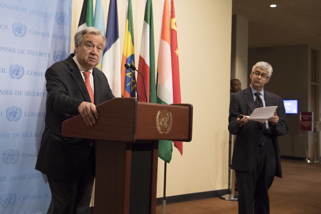 UN Secretary-General António Guterres briefs the press at a podium during a climate change event at UN Headquarters in New York.