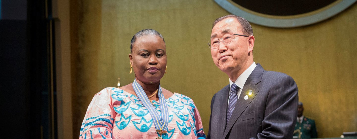 In May 2016, then Secretary-General Ban Ki-moon led a ceremony to award the Captain Mbaye Diagne Medal for Exceptional Courage. Mr. Ban is seen here with Yacine Mar Diop, the widow of Captain Diagne, after he presented her with the inaugural medal.