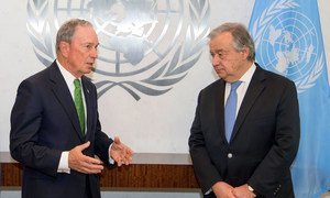 Secretary-General António Guterres (right) meets with Michael R. Bloomberg, Special Envoy of the Secretary-General for Climate Action.