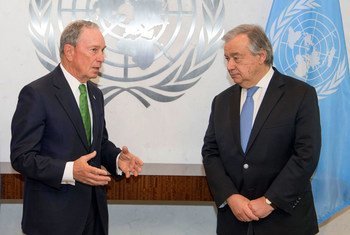 Secretary-General António Guterres (right) meets with Michael R. Bloomberg, Special Envoy of the Secretary-General for Climate Action.