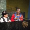  Tarcila Rivera Zea (left), President of the Centre for Indigenous Cultures of Peru (CHIRAPAQ) and a member of the UN Women Global Civil Society Advisory, Group and Purity Soinato Oiyie (right), a Kenyan activist, address the opening meeting of the sixty-