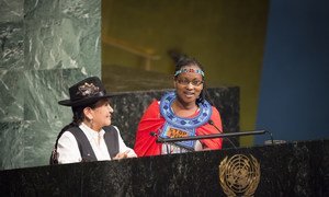  Tarcila Rivera Zea (left), President of the Centre for Indigenous Cultures of Peru (CHIRAPAQ) and a member of the UN Women Global Civil Society Advisory, Group and Purity Soinato Oiyie (right), a Kenyan activist, address the opening meeting of the sixty-second session of the Commission on the Status of Women (CSW), 12 March 2018.