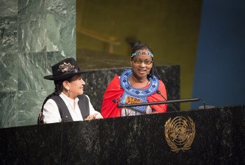 Tarcila Rivera Zea (left), President of the Centre for Indigenous Cultures of Peru (CHIRAPAQ) and a member of the UN Women Global Civil Society Advisory, Group and Purity Soinato Oiyie (right), a Kenyan activist, address the opening meeting of the sixty-second session of the Commission on the Status of Women (CSW), 12 March 2018.