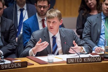 英国常驻联合国代表乔纳森·艾伦（Jonathan Allen）在安理会就英国遭受“毒剂”袭击事件发言。