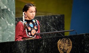 Autumn Peltier, 13-year-old water advocate from the Anishinaabe tribe of Canada, addresses the event to launch the International Decade for Action titled “Water for Sustainable Development 2018–2028”..