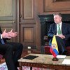El presidente de la Asamblea General, Miroslav Lajčák (izq.), durante su encuentro con el presidente de Colombia, Juan Manuel Santos.