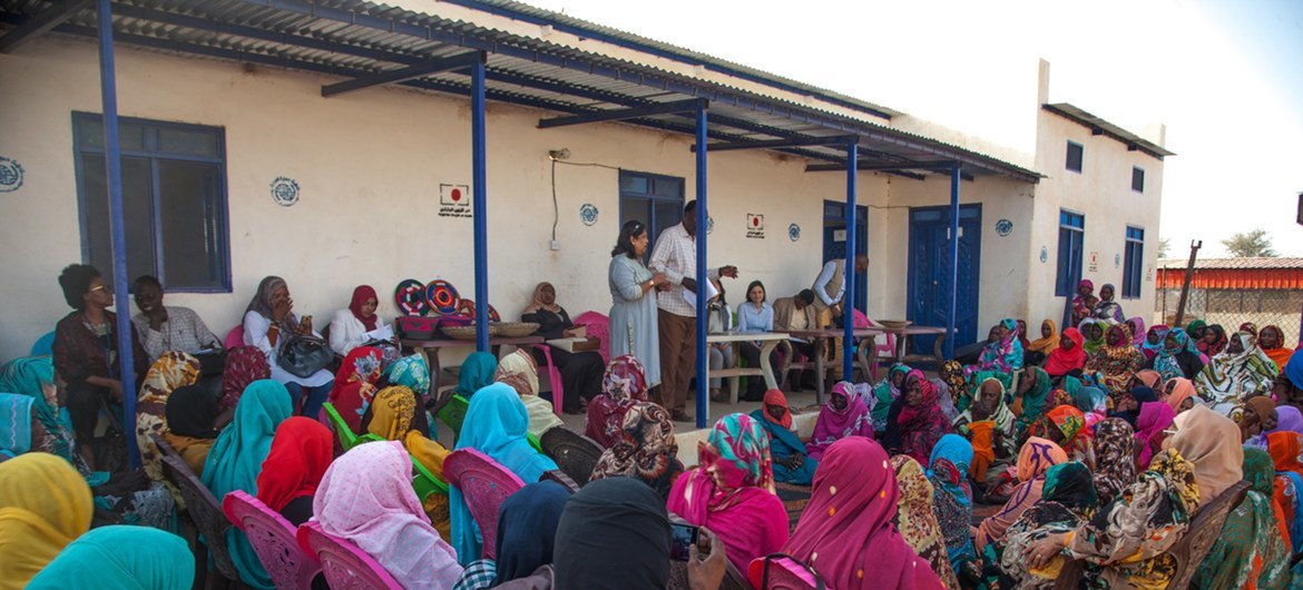 秘书长冲突中性暴力问题特别代表普拉米拉·帕腾（Pramila Patten）2018年2月访问期间与苏丹达尔富尔流离失所妇女和女孩交谈。  