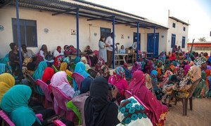 Pramila Patten, Special Representative of the Secretary-General on Sexual Violence in Conflict, speaking to women and girls in Darfur, in February 2018.