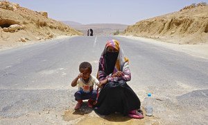 Suad, aged 18, begs in the middle of the road between Yemen’s capital, Sana’a, and Saada with her four-year-old nephew, whose mother was killed in the conflict. Across the country, which has been at war since 2015, more than 22 million people need humanitarian assistance.