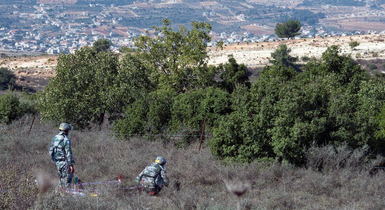2017年11月10日，联合国维和部队的中国排雷人员在黎巴嫩南部蓝线附近执行任务时，停下来查看地面。 