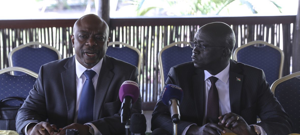 Alain Noudehou (left), the Humanitarian Coordinator for South Sudan, speaks at the launch of the 2018 Humanitarian Response Plan for the country. Alongside him is Hussein Marnyot, the Minister of Humanitarian Affairs and Disaster Management of South Sudan