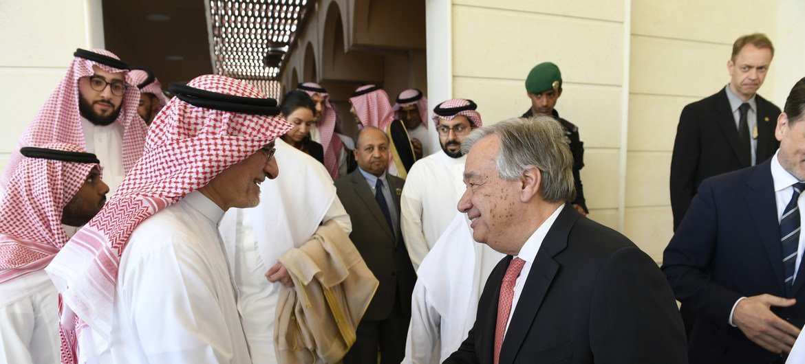 Secretary-General António Guterres (right) is greeted upon arrival at the King Salman Humanitarian Centre in Riyadh, Saudi Arabia.
