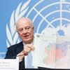 Staffan de Mistura, United Nations Special Envoy for Syria briefs the press on the last day of the 8th round of the Intra-Syrian talks, Geneva. 14 December 2017.