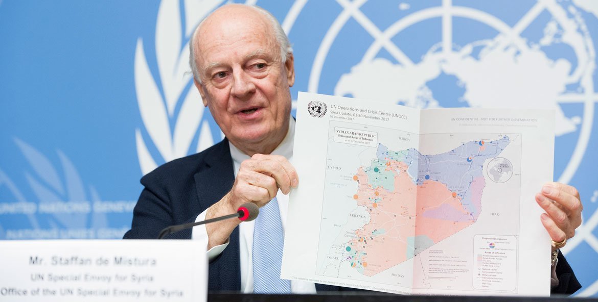 Staffan de Mistura, United Nations Special Envoy for Syria briefs the press on the last day of the 8th round of the Intra-Syrian talks, Geneva. 14 December 2017.