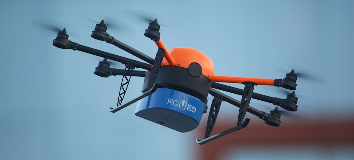 ROMEO, a customized drone, soars through the sky to help control disease-carrying mosquitoes to save lives.