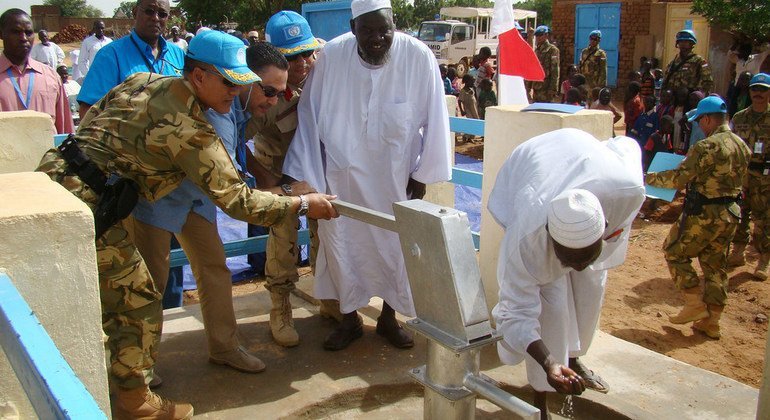 In August 2015, the Indonesian battalion hands over a hand water pump in Al Riyad camp for internally displaced persons, in West Darfur.  